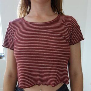 Striped White and Red Crop T-Shirt with Ruffle